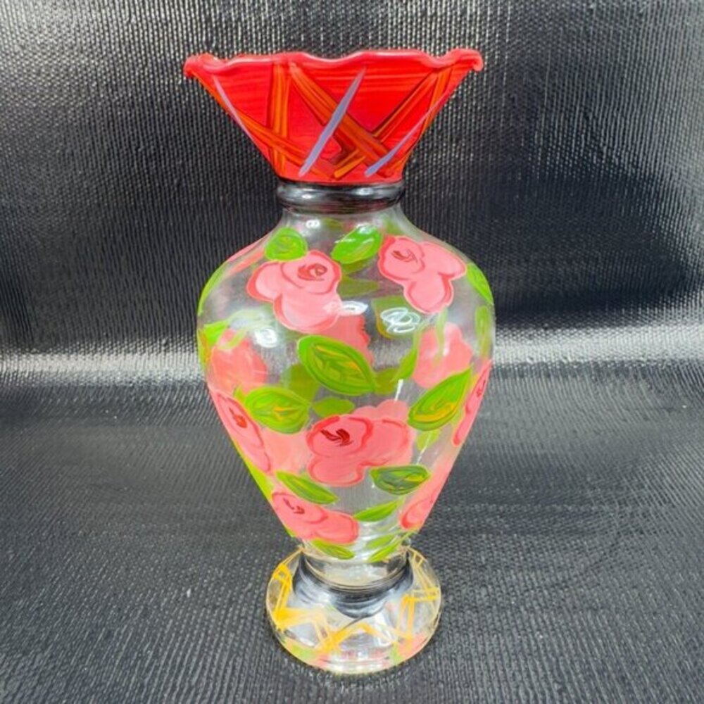 Vintage‎ Hand Painted Glass Vase Vessel Multicolored Red Rose Glass Decorative